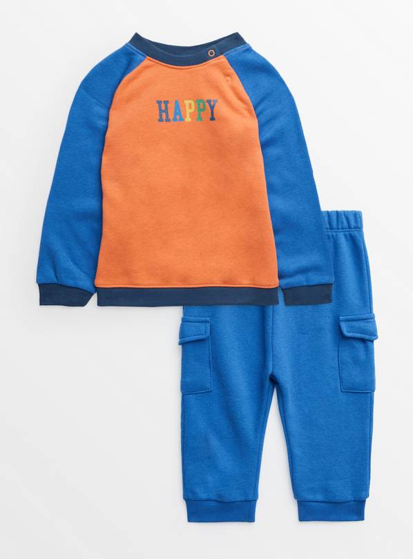 Blue Colour Block Happy Slogan Sweat Set 9-12 months